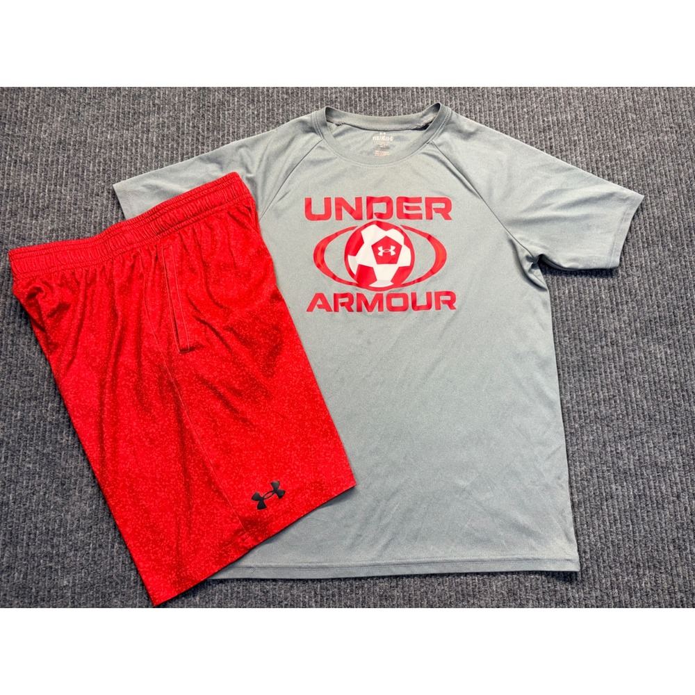 Under Armour Boys Soccer Graphic T-Shirt and Shorts Set Grey Red Size Large YLG
